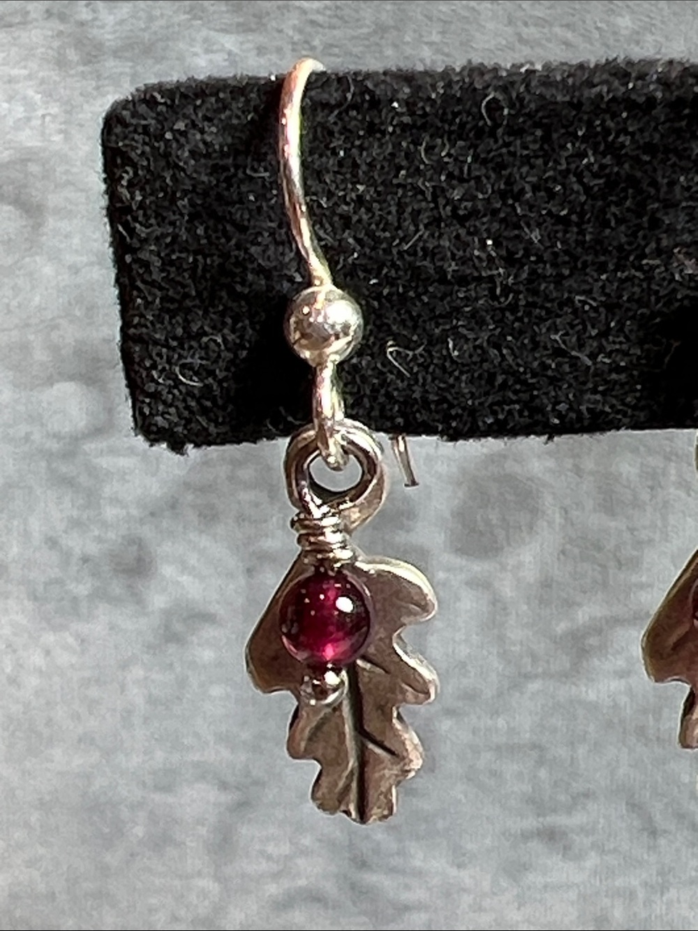 Garnet gemstones with oak leaf charms Sterling Silver earwires, dangle earring - Picture 5 of 9